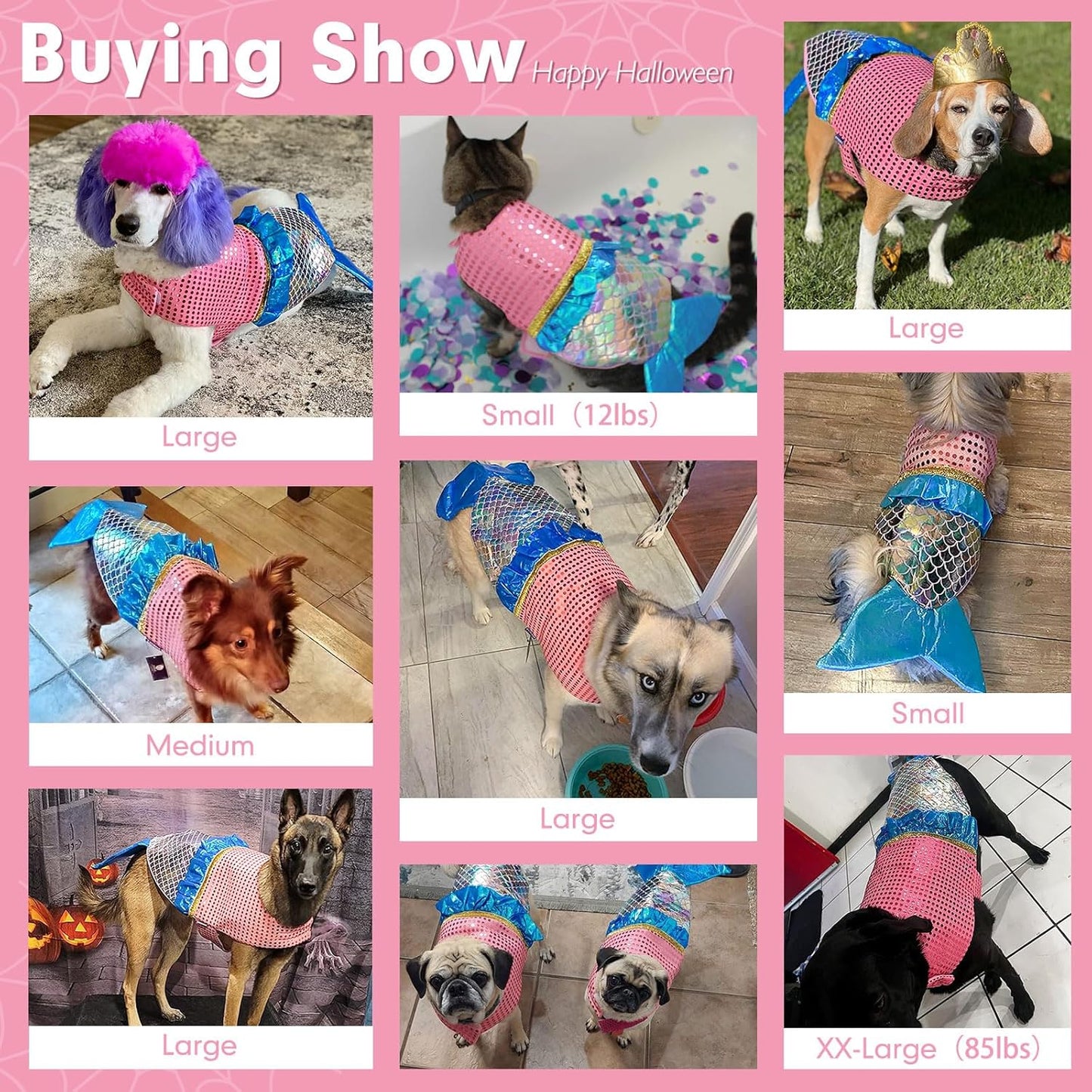 Mermaid Dog Costume Halloween Dog Clothes with Sparkly Sequin Holiday Party Outfits Puppy Pet Costumes for Small Dogs(X-Small to X-Large)