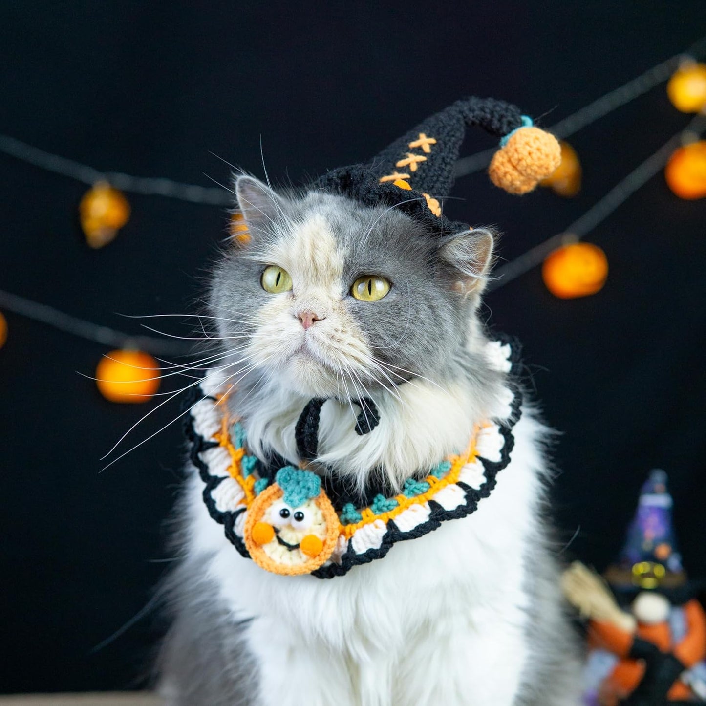 Halloween Dog Costume – Handmade Black Witch Hat & Cute Pumpkin Bandana, Adjustable Cat Outfit for Rabbits,Cats & Small Dogs, Lightweight & Breathable, Festive Pet Accessories (Small to Large Pets)