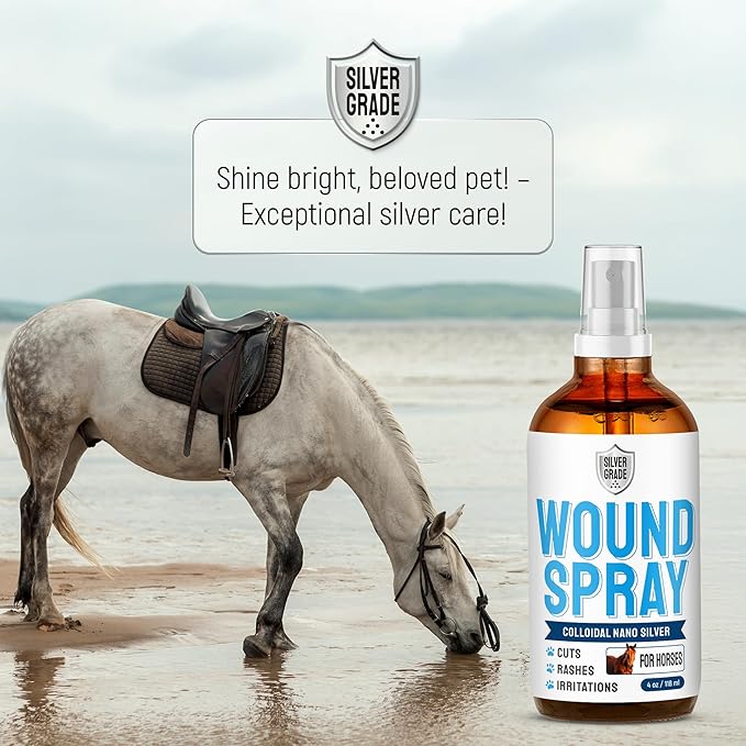Horse Wound Care Spray with Silver – Wounds, Scratches, Cuts, Abrasions, Itching, Hot Spots, Skin Irritation – First Aid Solution and Breeds – 4 Oz