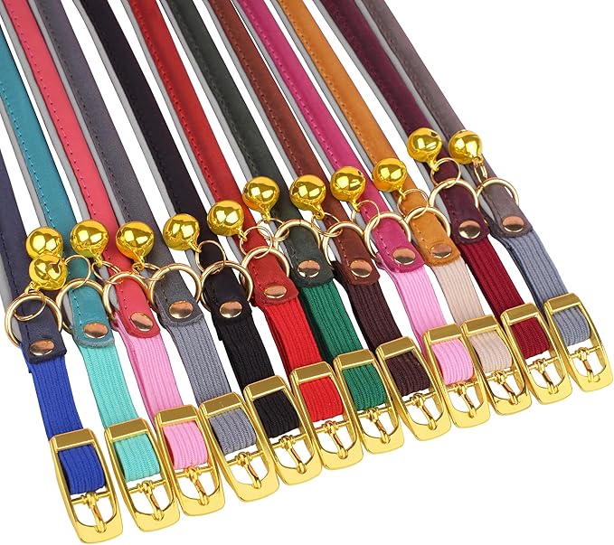 OOPSDOGGY Rolled Leather Cat Collar with Bell - Reflective Kitten Collar with Safety Elastic Strap - Adjustable Small Pet Collars for Boy Girl Cats (Pink)