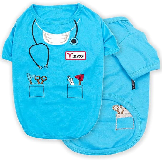 Parisian Pet Doctor Woof Dog Shirt - Embroidered Pirate Costume - 100% Cotton & Polyester Doctor Outfit - Sleeved Blue Funny Dog Shirts - XL