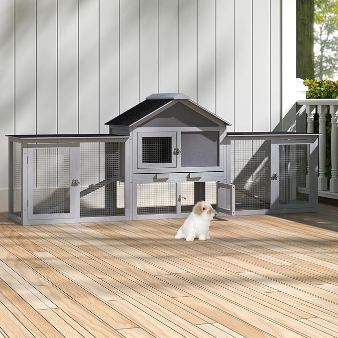 82.5” Large Wooden Rabbit Hutch Outdoor Easy to Assemble Rabbit Cage and Durable Bunny Hutch Indoor with Cleaning Tray & Waterproof Roof for Small and Medium Bunny Rabbit Chick (Grey)