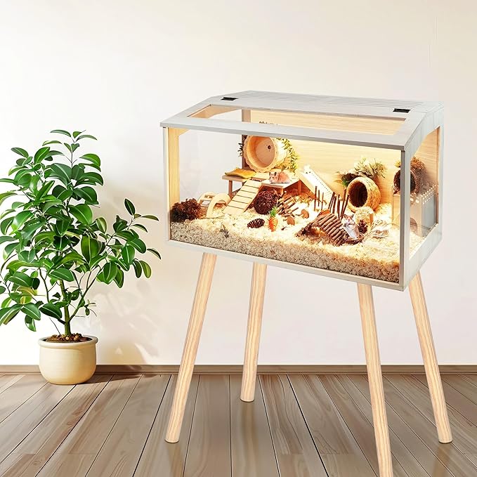 Hamster Cage Wooden Chew Proof, Extra Large Mice and Rat Habitat Openable Top with Acrylic Sheets Solid Built Small Animal Cage with Leg Stands, 24 Inch Long