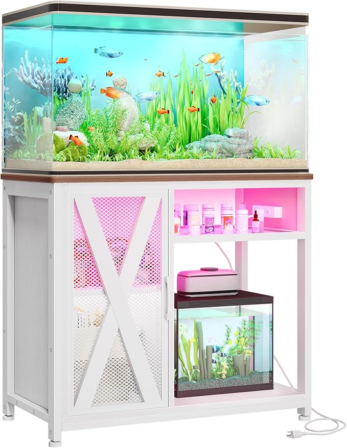 YITAHOME Fish Tank Stand with Power Outlets & LED Light, 40-50 Gallon Metal Aquarium Stand with Cabinet for Fish Tank Accessories Storage for Turtle Tank, Reptile Terrarium, 660LBS Capacity, White