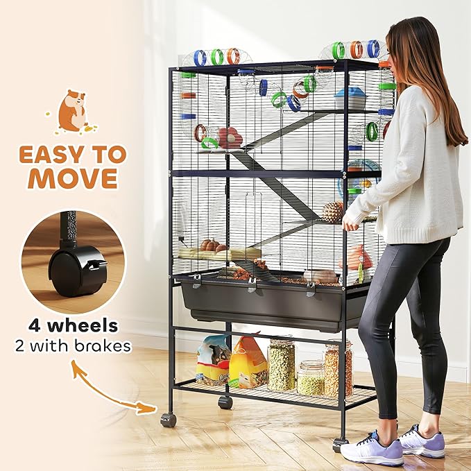 PawHut Hamster Cage with Deep Tray, 5 Tier Rolling Rat Cage with Storage Shelf, Big Exercise Wheel, Tube System, Hut, Platforms, Ramps, Food Dish, Water Bottle, for Syrian, Gerbil, Mouse