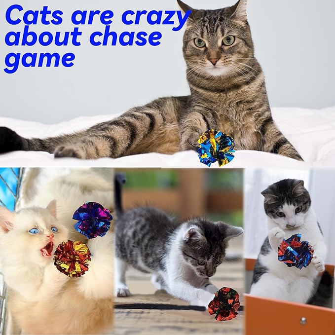 Cat Crinkle Ball Toys 10 Packs for Indoor Cats to Kill Time and Keep Fit, 2.3 Inch Colorful Mylar Crinkle Balls Attract Cats to Swat, Bite, Hunt, Interactive Toys for Cats and Kittens
