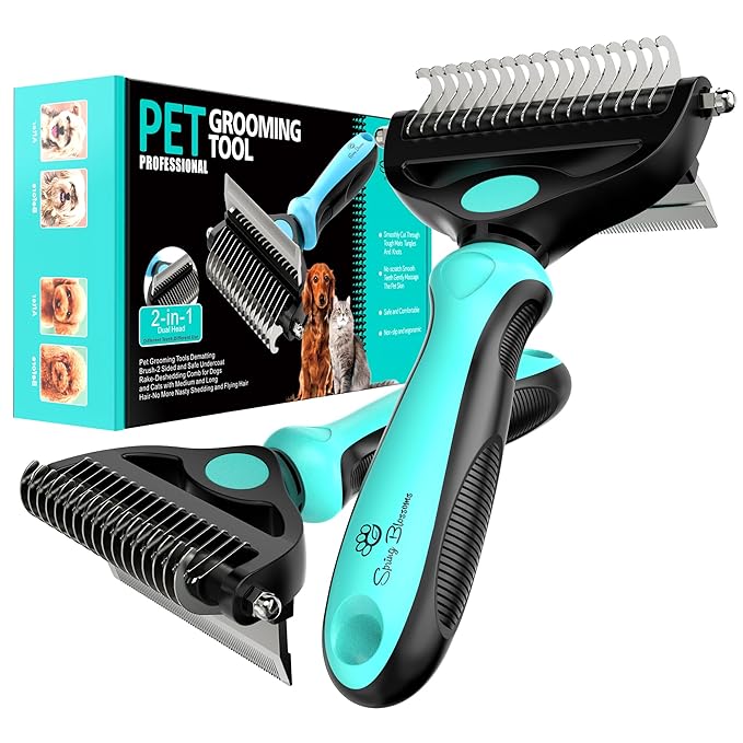 Spring Blossoms-2 in 1 Professional Grooming Rake for Cats & Dogs-Dematting Comb for Easy Mats & Tangles Removing,Pet Brush Safe No More Nasty Shedding and Flying Hair (Cyan)