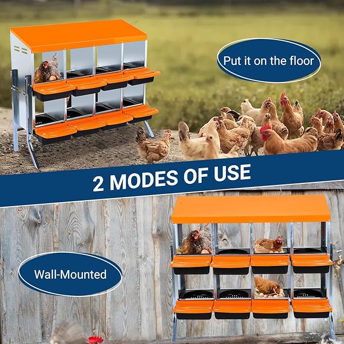 Chicken Nesting Boxes, 8 Hole Metal Chicken Laying Box with with Removable Trays and Roll Out Egg Collection for Chicken Coop, with Metal Bracket, Orange
