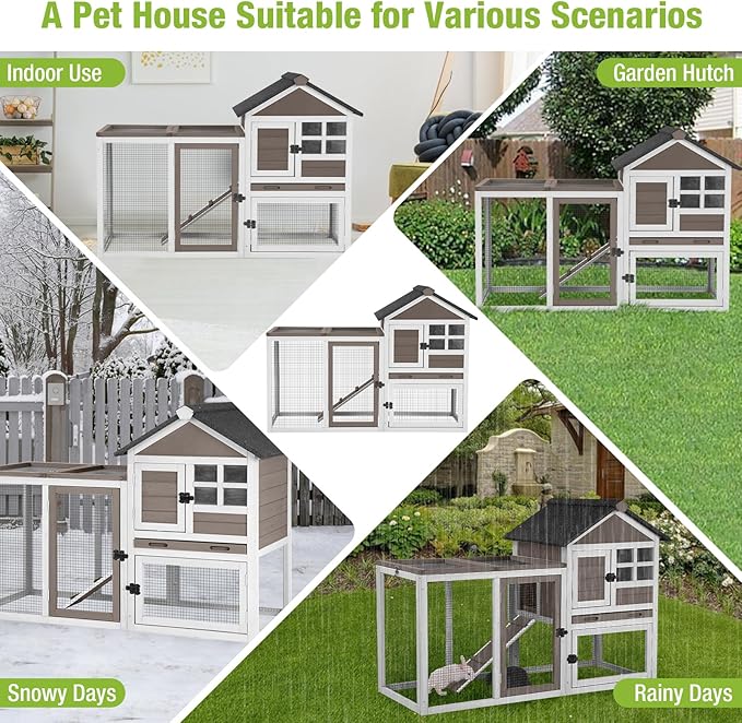 GUTINNEEN Rabbit Hutch Indoor Chicken Coop Outdoor, 51.6''L 2 Story Bunny Cage Weatherproof, Guinea Pig House with Run (Brown)