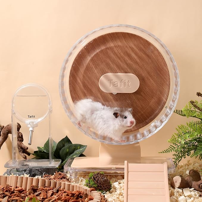 Silent Hamster Wheel 10.5 Inch Dual-Bearings Quiet Running Exercise Wheels with Wood Grain Backboard, Height Adjustable for Syrian Hamsters, Gerbils, Mice, Hedgehog, Lemmings, Warm Brown