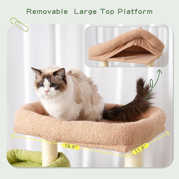 Cat Tree with Tunnel, Cat Tower for Indoor Cats, Tall Cactus Cat Tree Tower with Cat Condo, Food Station, Large Platform, Scratching Posts, Hammock, Green and Yellow GCT021GY