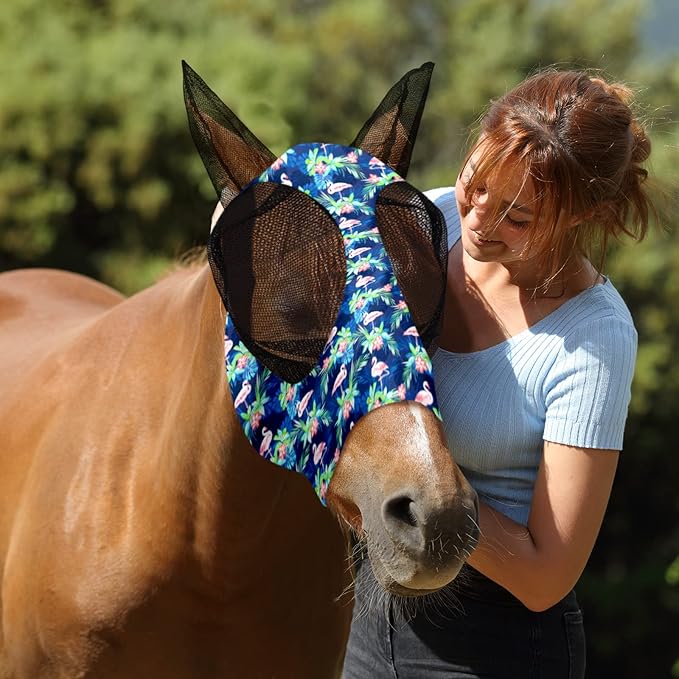 Chunful 6 Pcs Horse Fly Masks with Ears Smooth and Comfortable Cashel Mesh Fly Mask Elasticity Breathability UV Protection Horse Face Covering for Riding Supplies(Flamingo,Large)