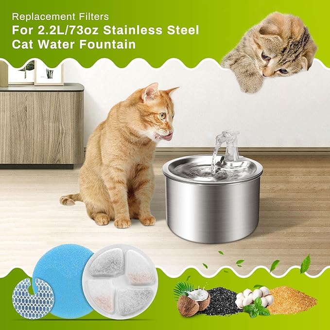 10 Set Cat Water Fountain Filters for 2L/67oz Round Stainless Steel Pet Water Fountain, ZEKIRY Pet Water Fountain Filters, Triple Filtration Replacement Filters(10 Filter, 10 Sponge, 10 8D Sponge)