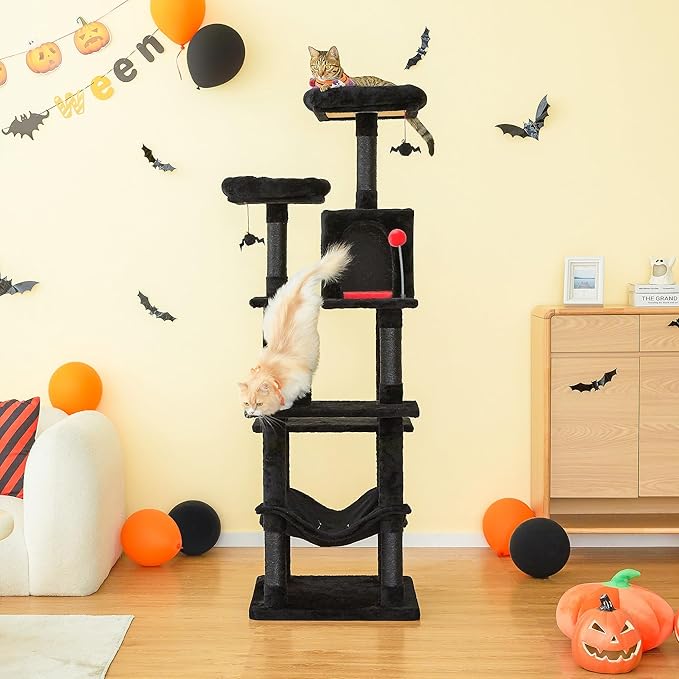 MWPO Gothic Large Cat Tree, 70.1-Inch Multi-Level Tall Cat Tower for Indoor Cats, Plush Cat Condo with Big Padded Perches, Sisal-Covered Scratching Posts, Hammock, Toys for Kittens & Cats, Black