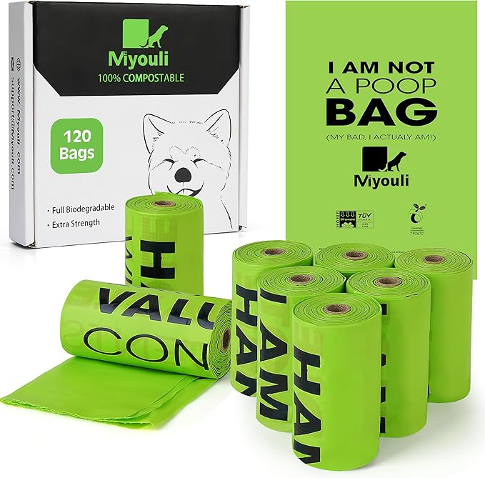 100% Certified Compostable Dog Poop Bag Rolls, 120 Bags (8 Rolls) Eco-Friendly Poop Bags for Dogs, Leak Proof Unscented Easy Open Poop Waste Bag(Green)