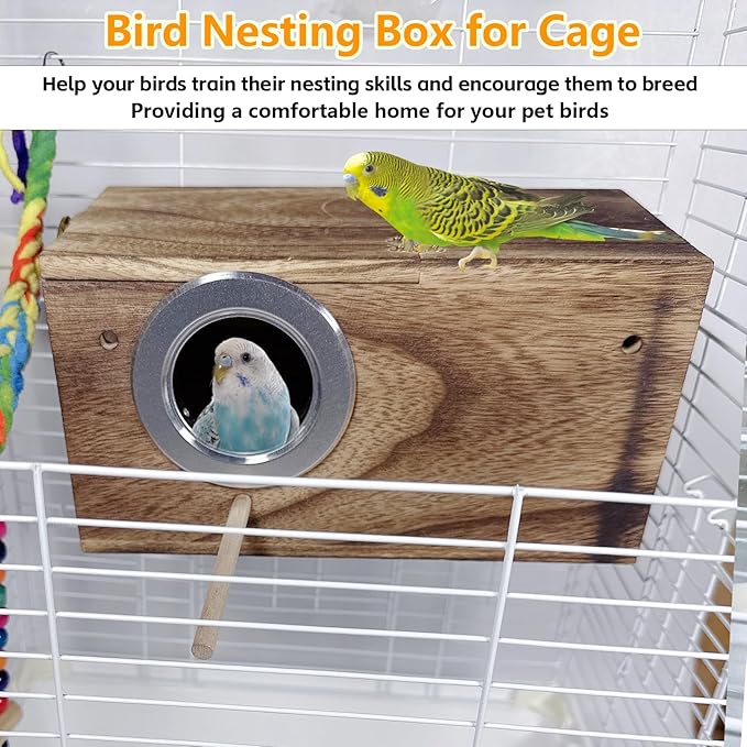 kathson Parrots Nesting Box Parakeet Nest House for Cage Budgie Breeding Hut with Coconut Fiber Bedding Wooden Bird Mating Box for Lovebirds Budgie Conure and Small Medium Parrot Birds