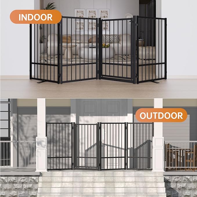Full Metal Freestanding Dog Gate with Door, 32''Height Foldable Pet Dog Fence for Indoor & Outdoor, 2 Panels Extra Wide Free Standing TallDog Gates for Doorways,House,Stairs,Porch,Deck,Yard
