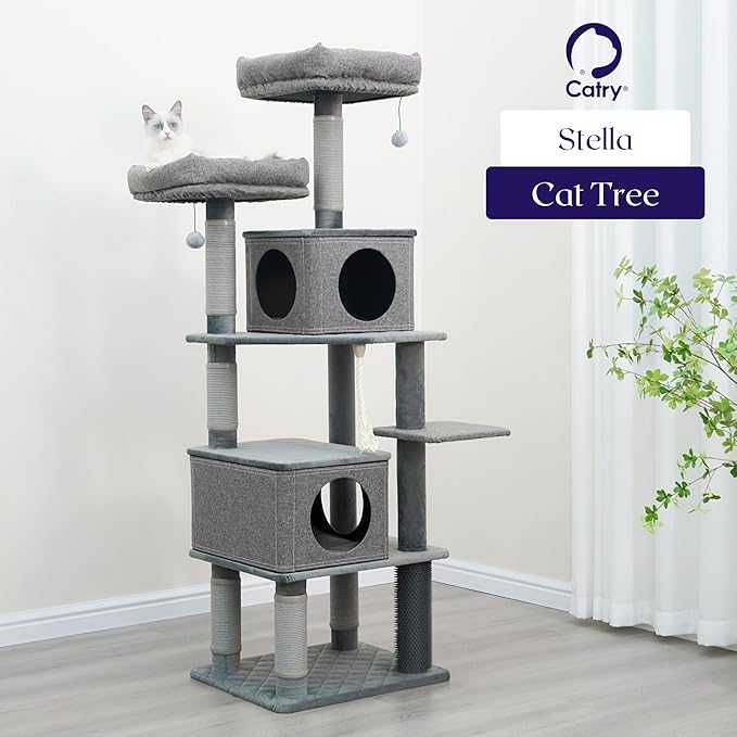 Catry® Stella 7-Level 67.5” Linen & Quilted Velvet Cat Tree with Recycled Paper Scratchers, Two Condos, Removable Beds, Toys, Easy to Clean, Ideal for Large Cats and Multi-Cat Homes (Zinc Gray)