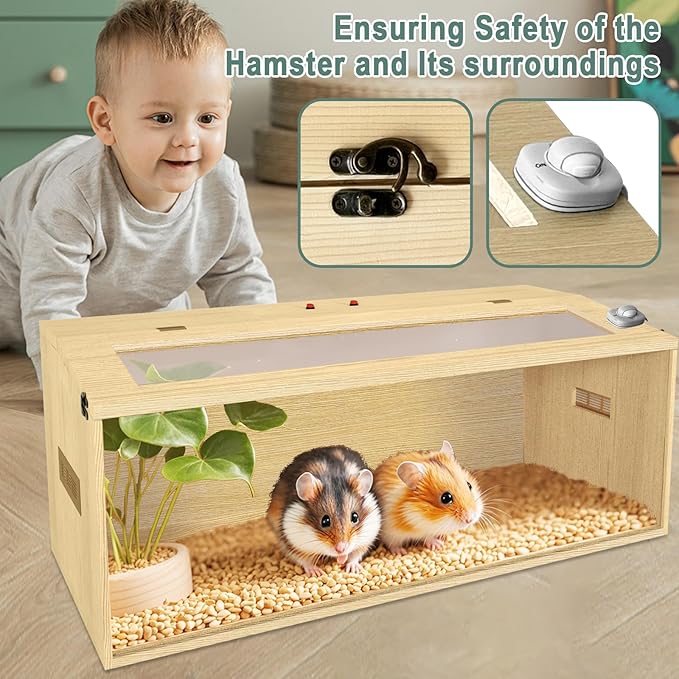 Large Hamster Cage 40", Top Opening Lockable Roof, Gerbil Cage with Ventilation Window, Dwarf Hamster Cages and Habitats, Chewproof Syrian Hamster Habitat Enclosure, (Wooden, 40" L x 16" W x 16" H)