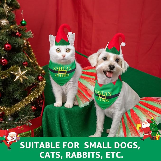 SCENEREAL Christmas Dog Bandana Dress with Hat Set, Pet Santa Costume for Small Medium Sized Dogs, Cute Tutu Skirt Outfit for Party Halloween