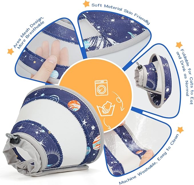 Breathable Air Mesh Cat Cone Collar Soft to Stop Licking, Adjustable, Foldable Lightweight Kitten Cones After Surgery Recovery for Cats & Kittens (Star Blue, L)