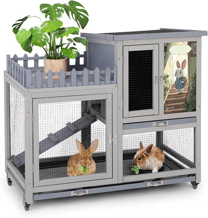 COZIWOW Double Layers Durable 38In Rabbit Hutch Indoor on Wheels, Small Animal Houses Habitat, Rolling Large Bunny Cage Outdoor with Removable Tray, Ramp, Two Story Bunny Cage(Grey with Pattern)