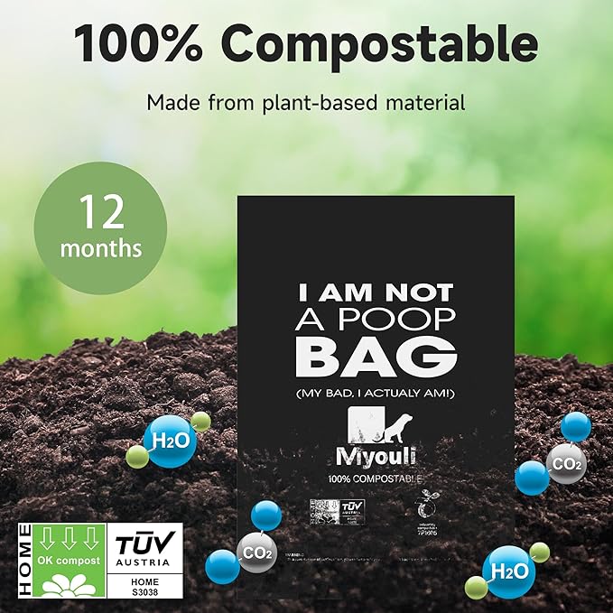 100% Certified Compostable Dog Poop Bag Rolls, 120 Bags (8 Rolls) Eco-Friendly Poop Bags for Dogs, Leak Proof Unscented Easy Open Poop Waste Bag(Black)