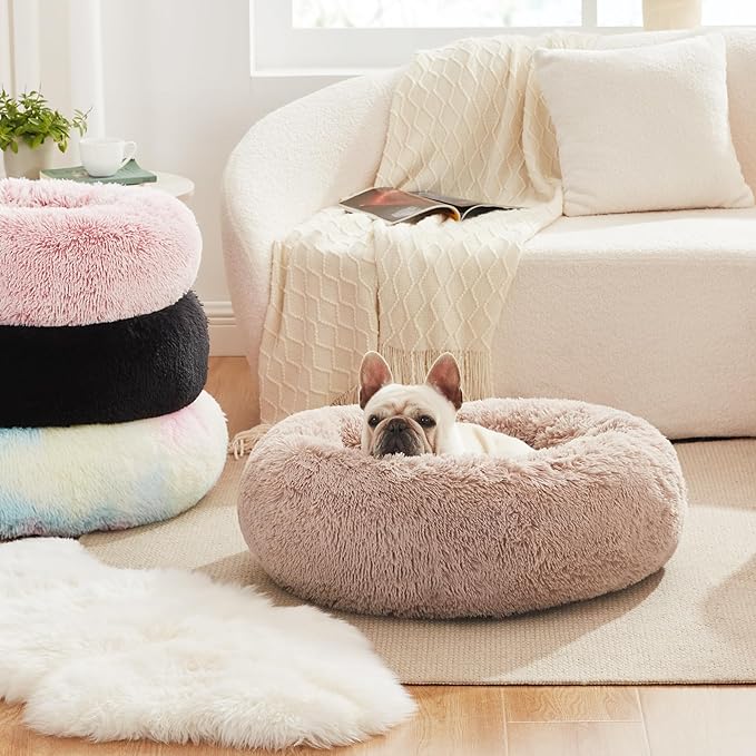 Love's cabin Calming Dog & Cat Bed, Cat Bed for Indoor Cats,Anti-Anxiety Donut Round Dog Bed,Fluffy Faux Fur Washable Bed for Small Medium Pet,Grey,30"
