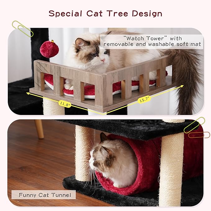 Cat Tree with Tunnel, Cat Tower for Indoor Cats, Tall Gothic Cat Tree Tower with Cat Condo, Food Station, Large Platform, Scratching Posts, Hammock, Black and Red GCT021BR
