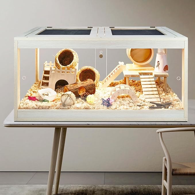 Hamster Cage Wooden, Mice and Rat Habitat, Hamster Cage with Openable Mesh Top, Clear Acrylic Solid Built with Lock Design, Oak 40"