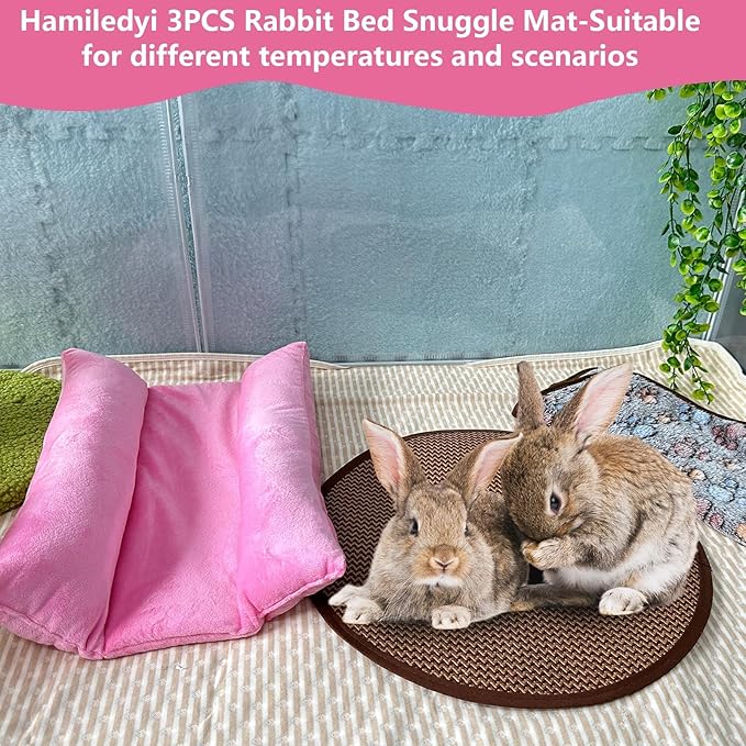 Hamiledyi 3PCS Rabbit Bed Mat 15.7x14 Inch Bunny Bed Soft Snuggle Pad Pillow Machine Washable Joint Support Guinea Pig Squirrel Hedgehog Ferret Kitten (Pink)