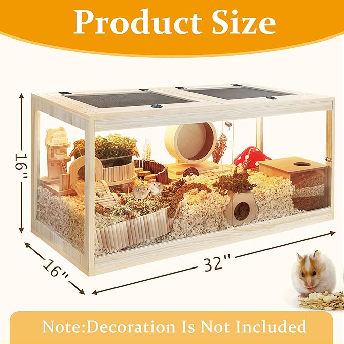 Hamster Habitat Chewproof,Wooden Hamster Cage with Openable Metal Mesh Top,Gerbil Cage with Lock Design for Hamster House (32"x16"x16")