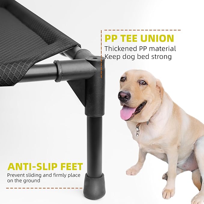 Soft Mesh Elevated Pet Bed for Large Medium Dogs Outdoor Resting Cot with Water-Resistant, Air-Permeable, Cooling and Anti-Skid Portable Dog Bed, Up to 120 lbs, 43.2" L x 31" W x 7.5" H, Black