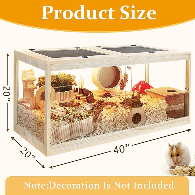 Hamster Cage with Openable Metal Mesh Top,Hamster Enclosure and Gerbil Cage with Clear Panels for Hamster Habitat,Solid Built with Lock Design (40“x20”x20)