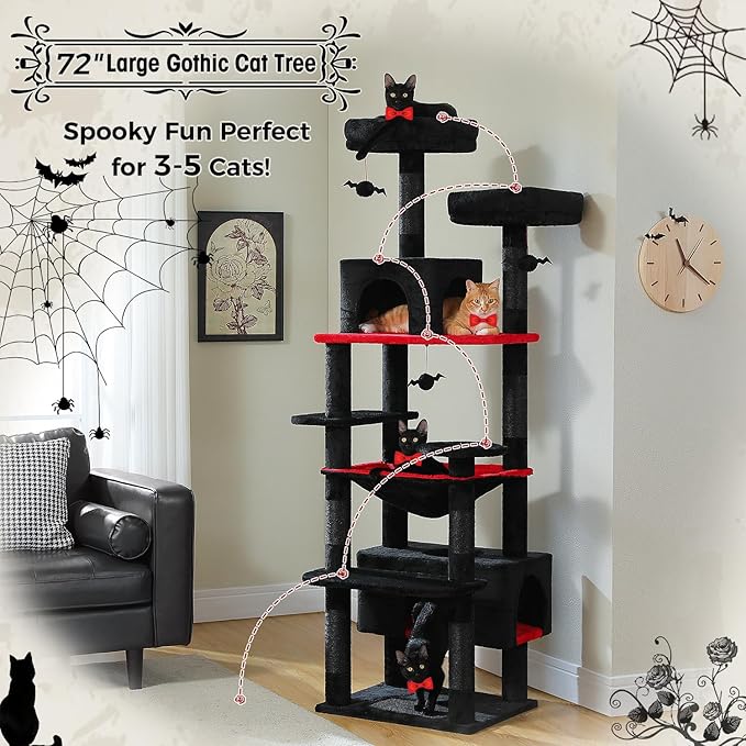 PAWZ Road Large Cat Tree, 72 Inches Gothic Cat Tower for Large Cats, Cat Condo with Sisal-Covered Scratching Posts and Pads, 2 Padded Perch, Dual Condo and Basket for Indoor Cats-Black