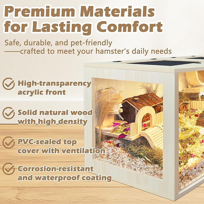 Hamster Cage Chew Proof Wood, Hamsters Enclosure Openable Top with Curved Design,Waterproof Small Animals Cage with Acrylic Sheets for Gerbils,Hamster Habitat(32 Inches)