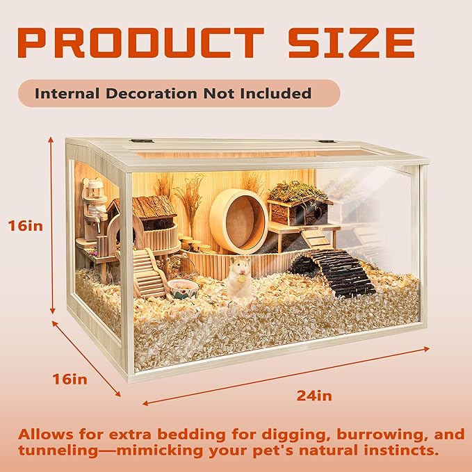 Hamster Cage Chewproof Wooden 24 Inch Guinea Pig Cages Mice and Rat Habitat Openable Top with Acrylic Sheets Solid Built