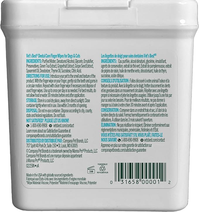 Vet's Best Finger Dental Wipes for Dogs and Cats – Oral Care Wipes for Teeth Cleaning, Fresh Breath, and Tartar Control – Gentle Finger Pads for Pet Dental Hygiene and Plaque Removal – 50 Count
