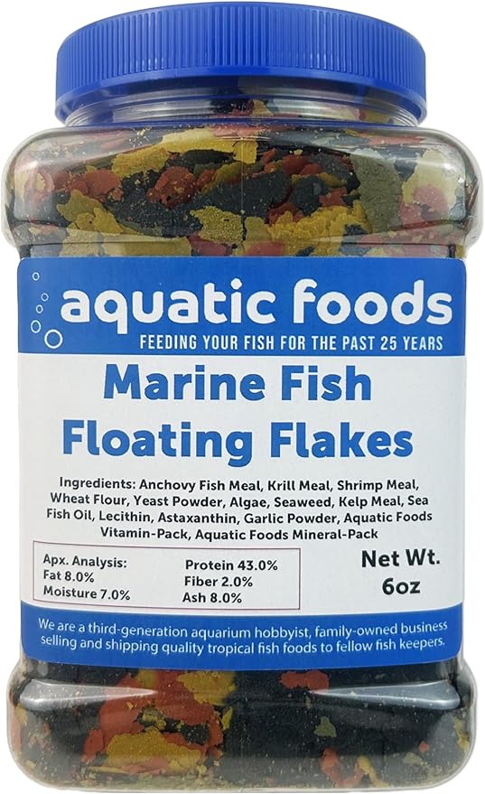 Aquatic Foods Inc. Marine Fish Flakes of Red & Green Algae, Seaweed for Tangs, Butterflies, Angelfish, Anthias, Clown Fish, Damsels Also Pellet Mix, Wafer Mix Included… AFI 6oz Jar