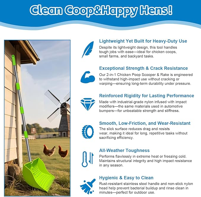 12-Inch 2-in-1 Chicken Poop Scooper & Rake – US Patent Pending – 3-Shape Sifting Holes Chicken Coop Rake,Stainless Steel Handle (20–61")– Litter Scoop Sand & Sifting Shovel for Chicken Coops(Green)