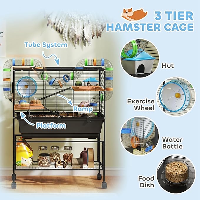 PawHut Hamster Cage with Deep Tray, 3 Tier Rolling Rat Cage with Storage Shelf, Big Exercise Wheel, Tube System, Hut, Platforms, Ramps, Food Dish, Water Bottle, for Syrian, Gerbil, Mouse