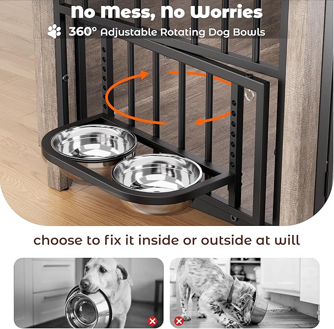 Lulive Dog Crate Furniture, Wooden Dog Kennel Indoor with Adjustable 360°& Height Dog Bowls, Double Doors Furniture Dog Crates End Table for Small/Medium 31.5" L*22.5" W*25.6" H, Grey