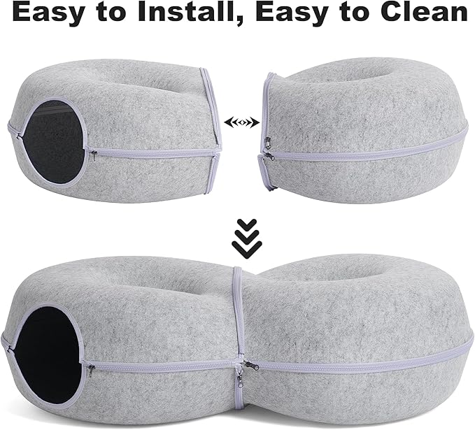 8-Shaped Large Cat Tunnel Bed for Indoor Cats, Infinite Circulation Peekaboo Cat Cave with 12 Toy Balls, Cat Donut Tunnel for Cats up to 30 Pounds (Light Grey, L 38x24x11in)