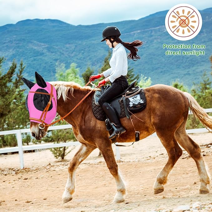 Horse Fly Mask with Ears, Comfortable Fit Stretch Fabric with UV Protection Soft on Skin Breathability for Small/Medium Size Horses (Pink)