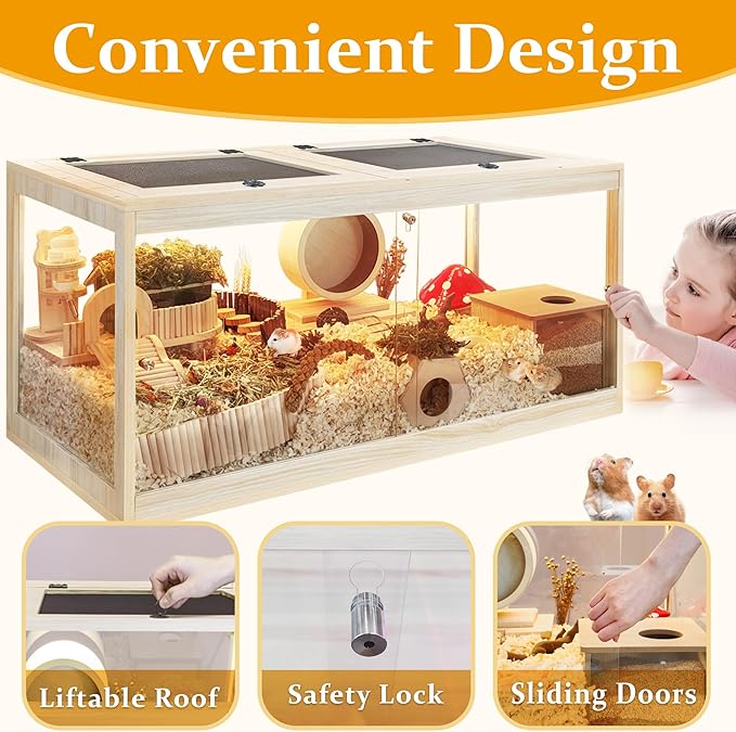 Hamster Habitat Chewproof,Wooden Hamster Cage with Openable Metal Mesh Top,Gerbil Cage with Lock Design for Hamster House (32"x16"x16")