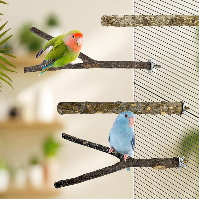 kathson 8 PCS Natural Bird Wood Perch Parakeet Standing Toy Sticks Parrot Paw Grinding Branches Cockatiels Cage Chewable Accessories for Conures Macaws Finches