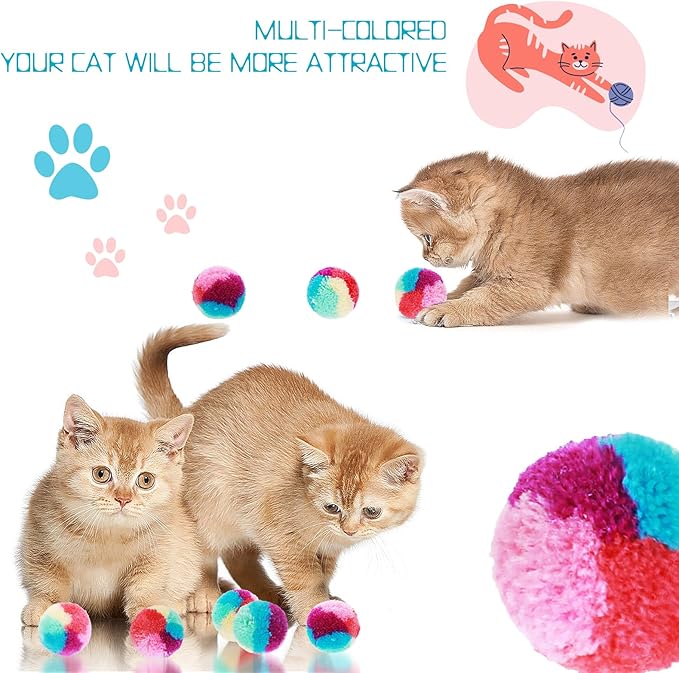 1.2 in Colorful Cat Pom Pom Ball Toys, 20 Pcs Rainbow Cat Toy Balls Soft Plush Cat Ball Interactive Training Ball for Indoor Cats & Kittens