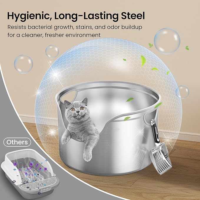 Stainless Steel Litter Box Metal with Integrated Round for XL/XXL Big and Multi Cats, 12" High Wall High Side, Odor Control, Easy to Clean, Durable, Includes Stainless Steel Scoop