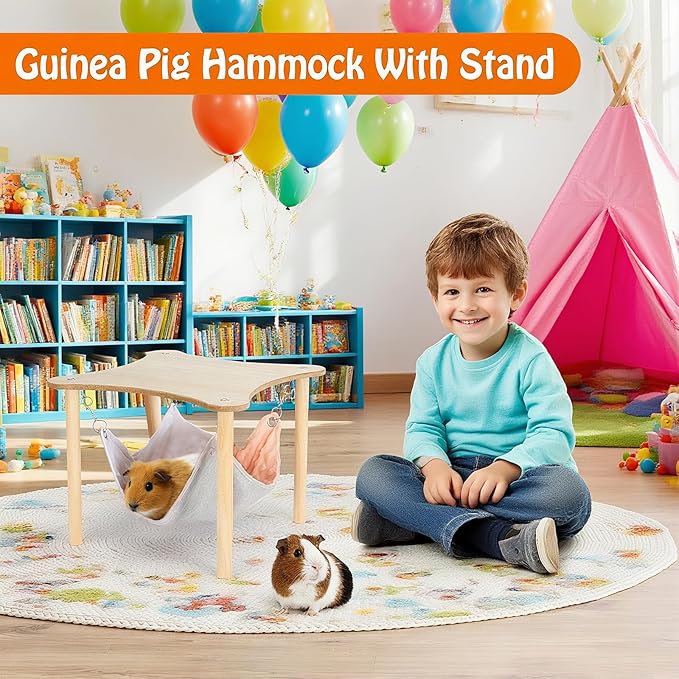 YUEPET Guinea Pig Hammock with Stand, Wooden Guinea Pigs Hideout Soft Ferret Hammock for Cage with Platform for Guinea Pig Ferret Dwarf Rabbit Chinchilla Hamster