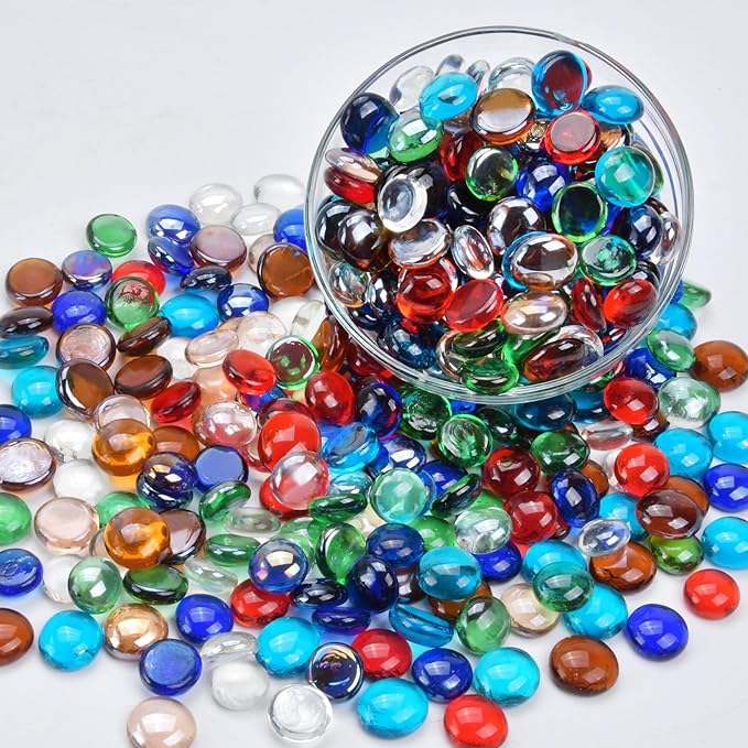 10LB Mixed Color Flat Glass Marbles for Vases, Mancala Stones Gemstone Beads Vase Filler Decorative Glass Pebbles for Fish Tank, DIY Crafts, Mosaics, Aquarium Decor Rocks, Candle Holders